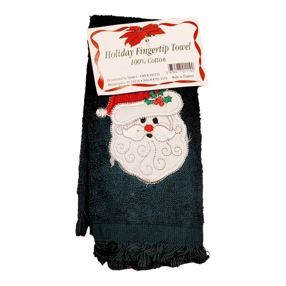 Vintage CHRISTMAS Green Guest Small Hand Towel Holiday Embroidered Santa NWT